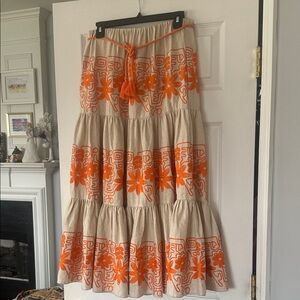 Embroidered Tiered Cotton Skirt in Orange NWT Size 40 ~ US 10